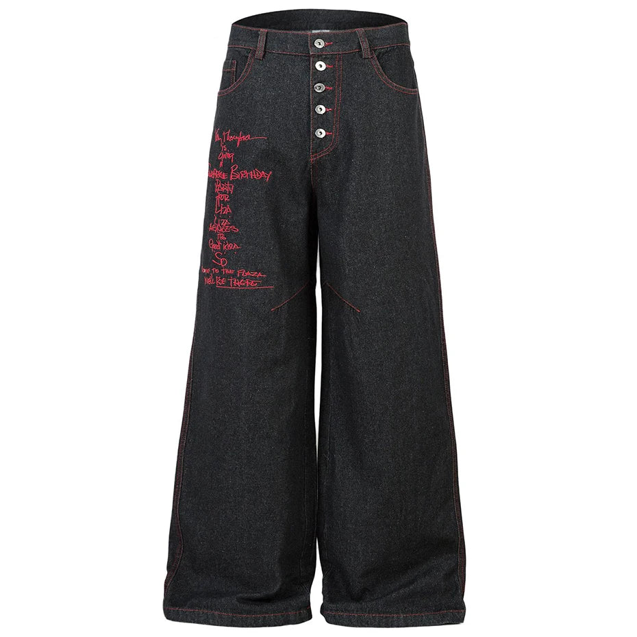 Wide Leg Black Embroidered Jeans