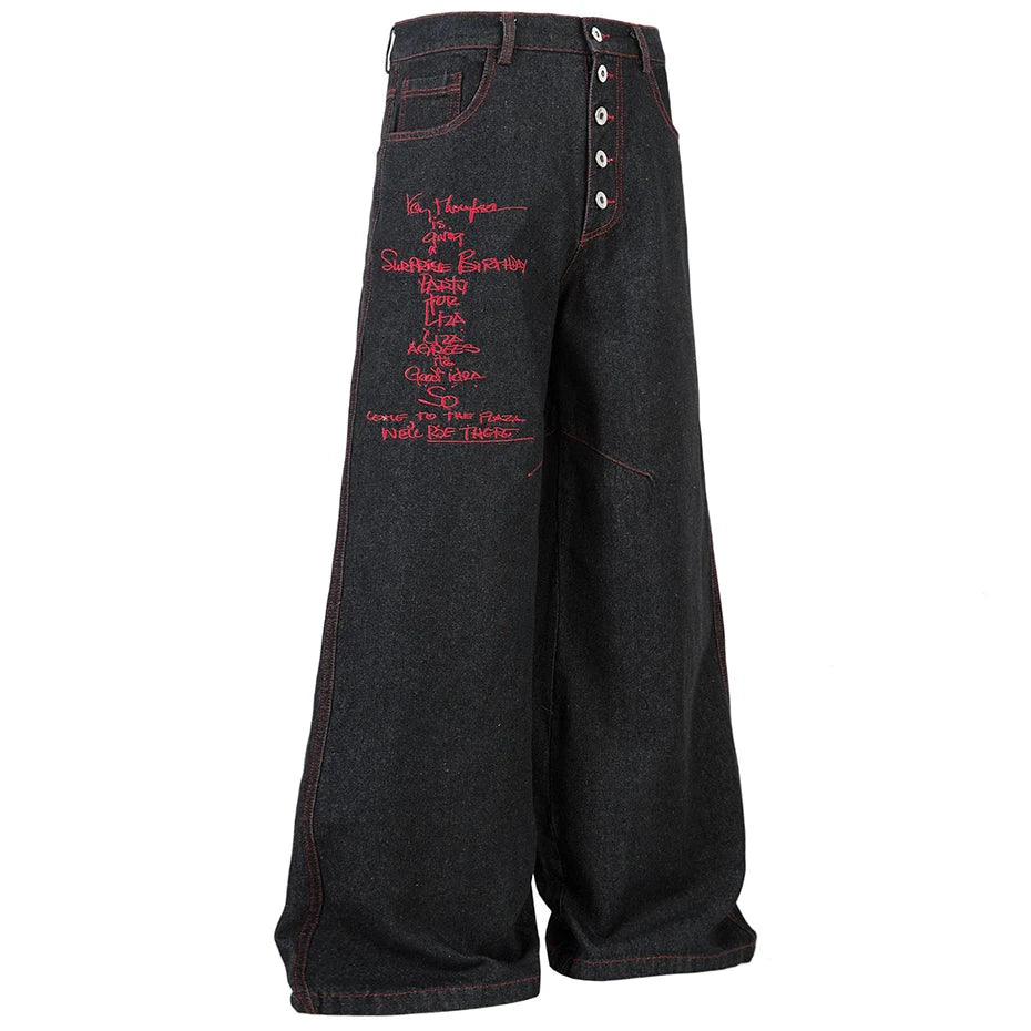 Wide Leg Black Embroidered Jeans