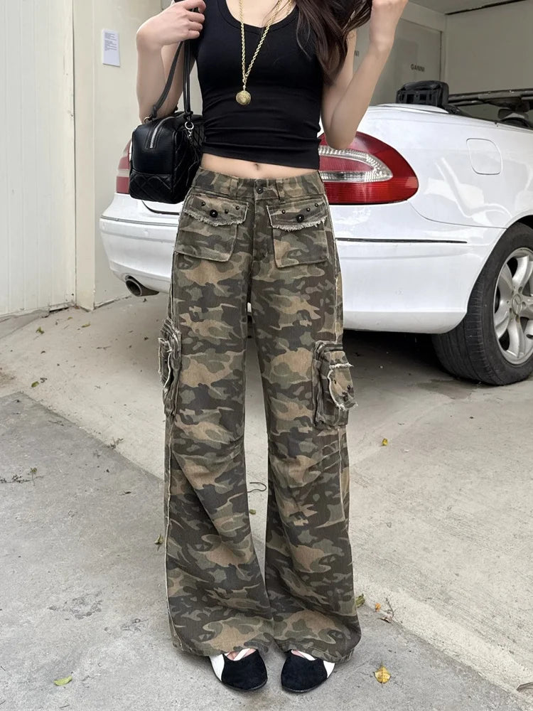 Womens Streetwear Y2K Camouflage Baggy Cargo Jeans