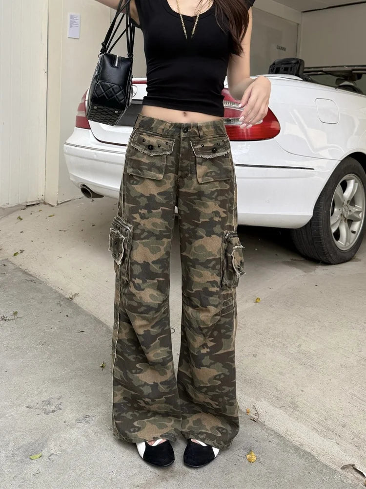 Womens Streetwear Y2K Camouflage Baggy Cargo Jeans