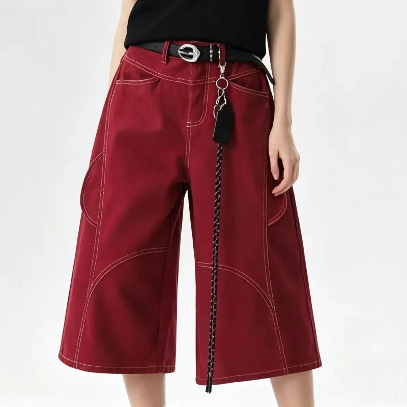 Women's Wide Red Y2K Baggy Wide Leg Denim Shorts Jorts