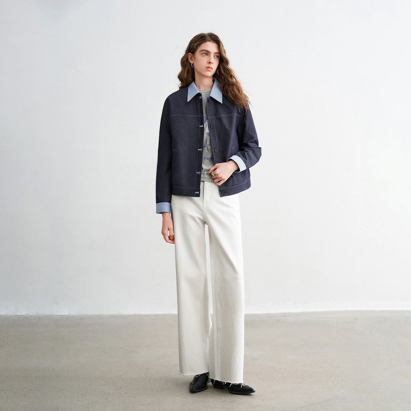 Womens Y2K Contrast Lapel Faux Denim Jacket