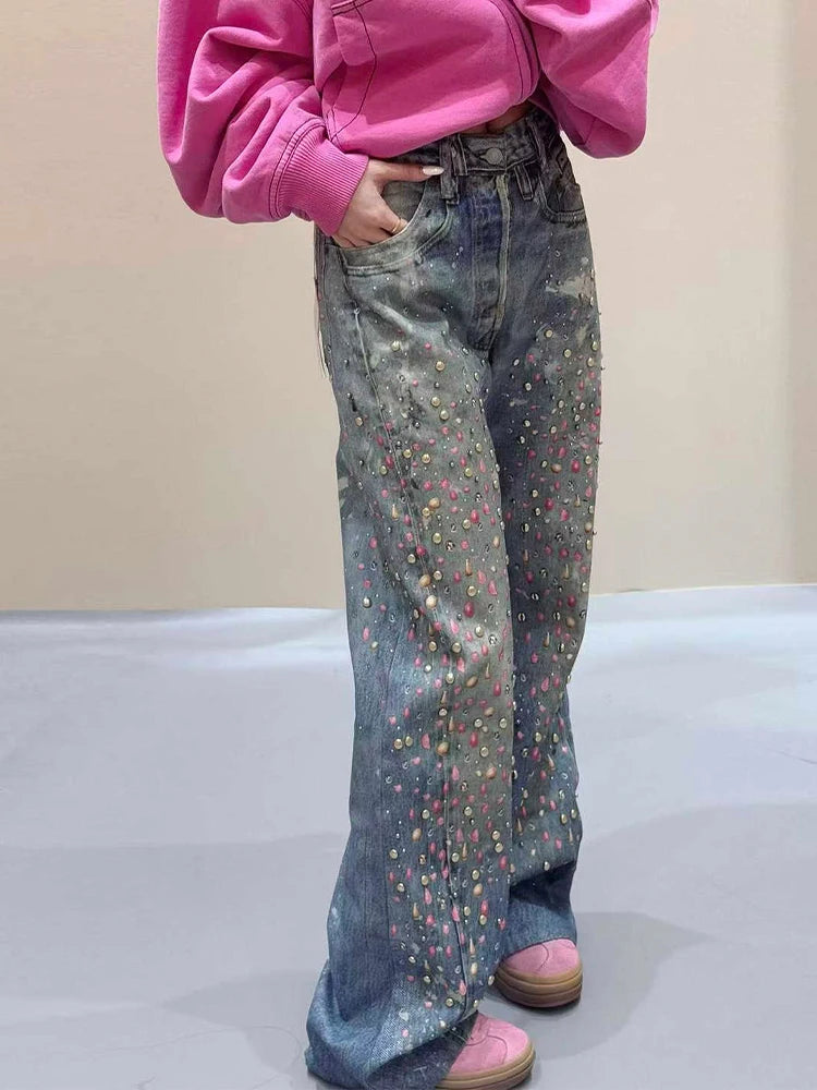 Womens Y2K High Waist Rhinestone Baggy Jeans