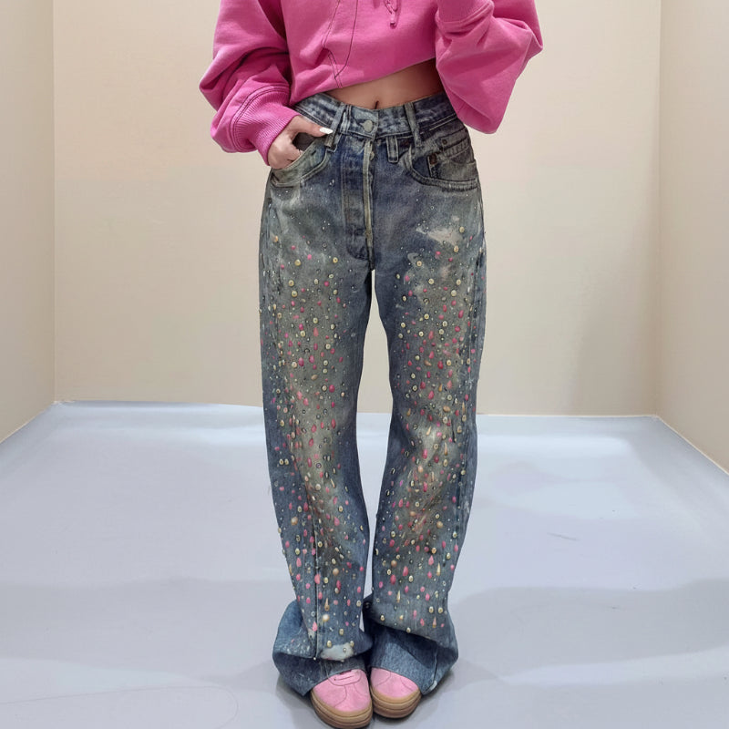Womens Y2K High Waist Rhinestone Baggy Jeans