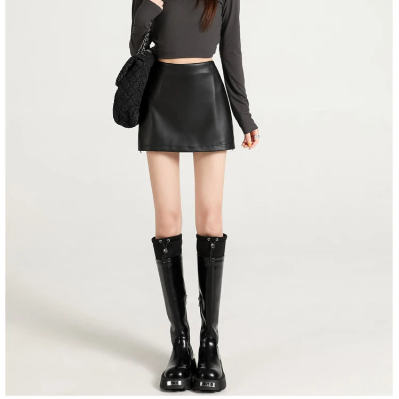 Womens Y2K High Waisted Slit Pu Leather Mini Skirt