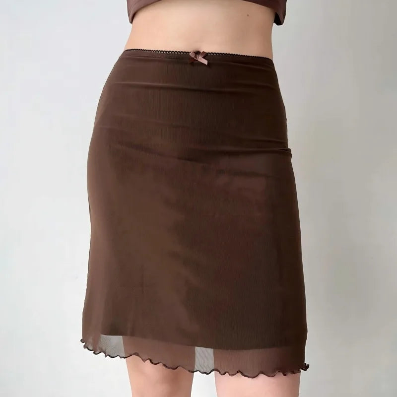 Womens Y2K Lace Mesh Coffee Brown Mini Skirt