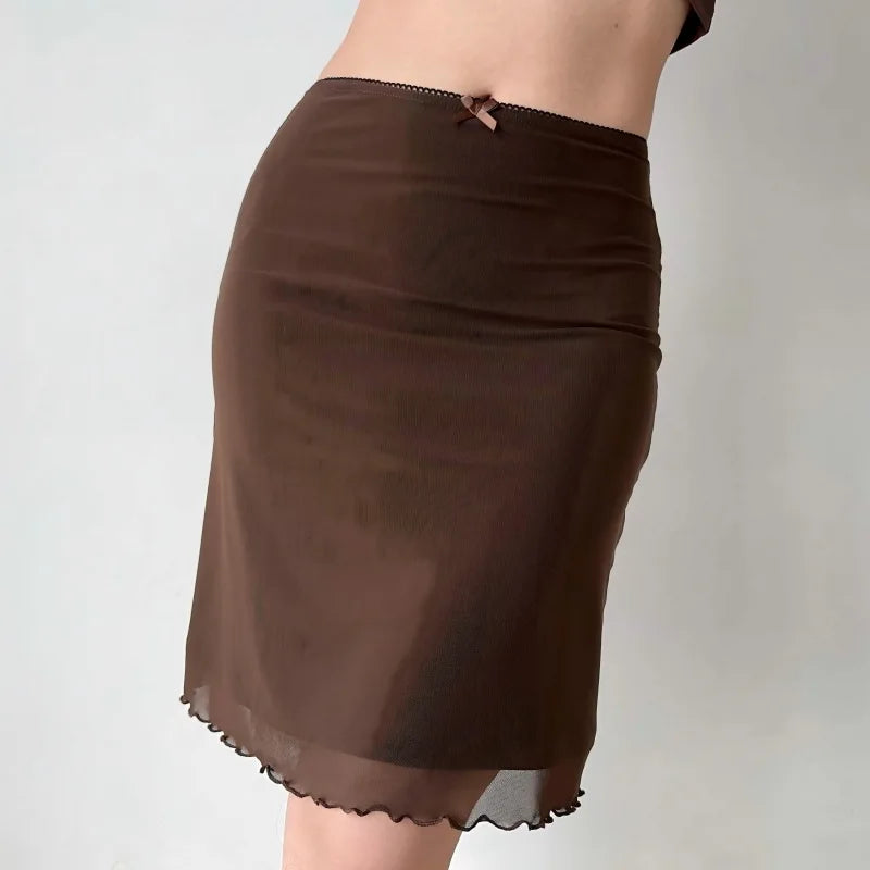 Womens Y2K Lace Mesh Coffee Brown Mini Skirt