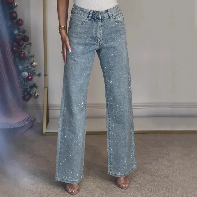 Womens Y2K Rhinestone Straight Jeans