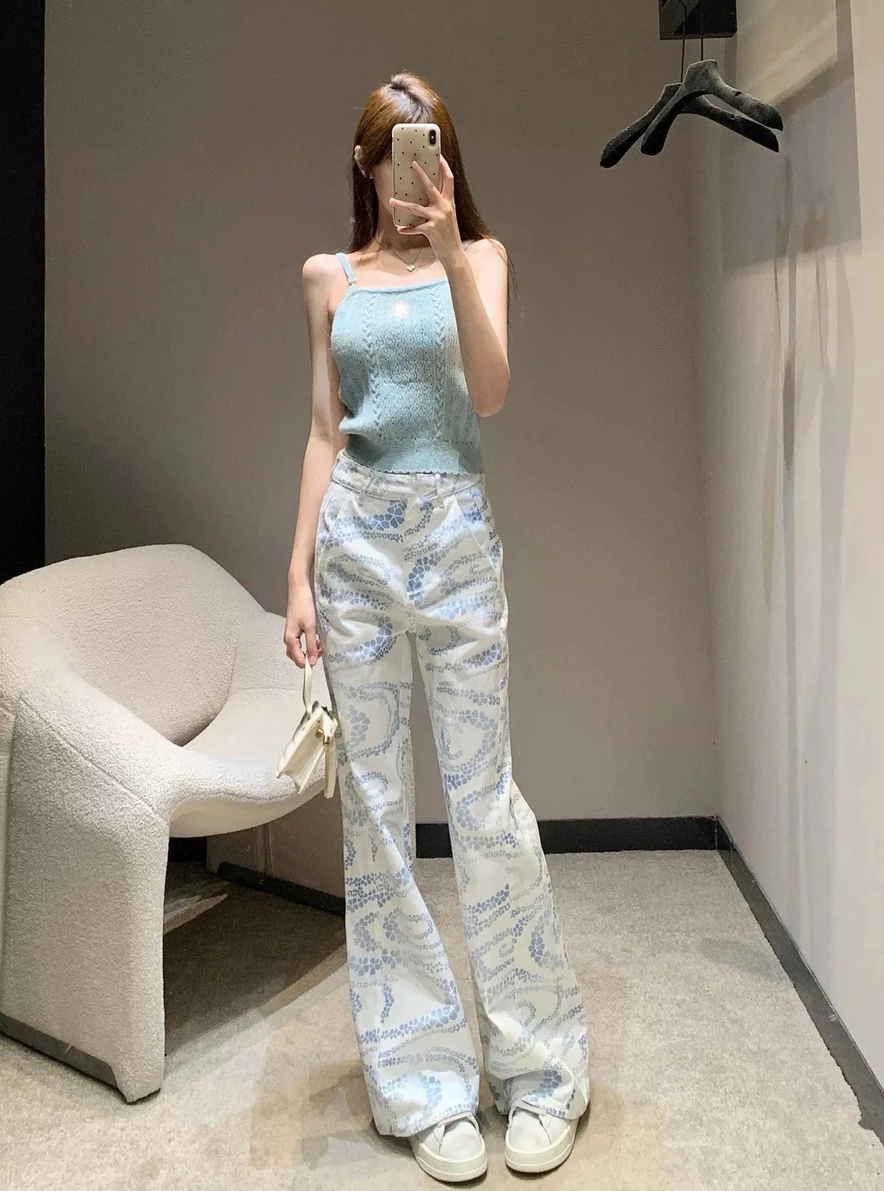 Womens Y2K White Printed High Waisted Jeans