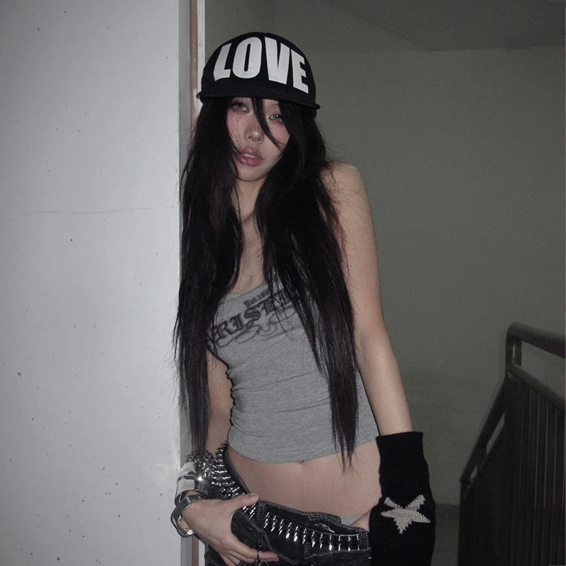 Y2K 2000s Letter Print Crop Tank Top