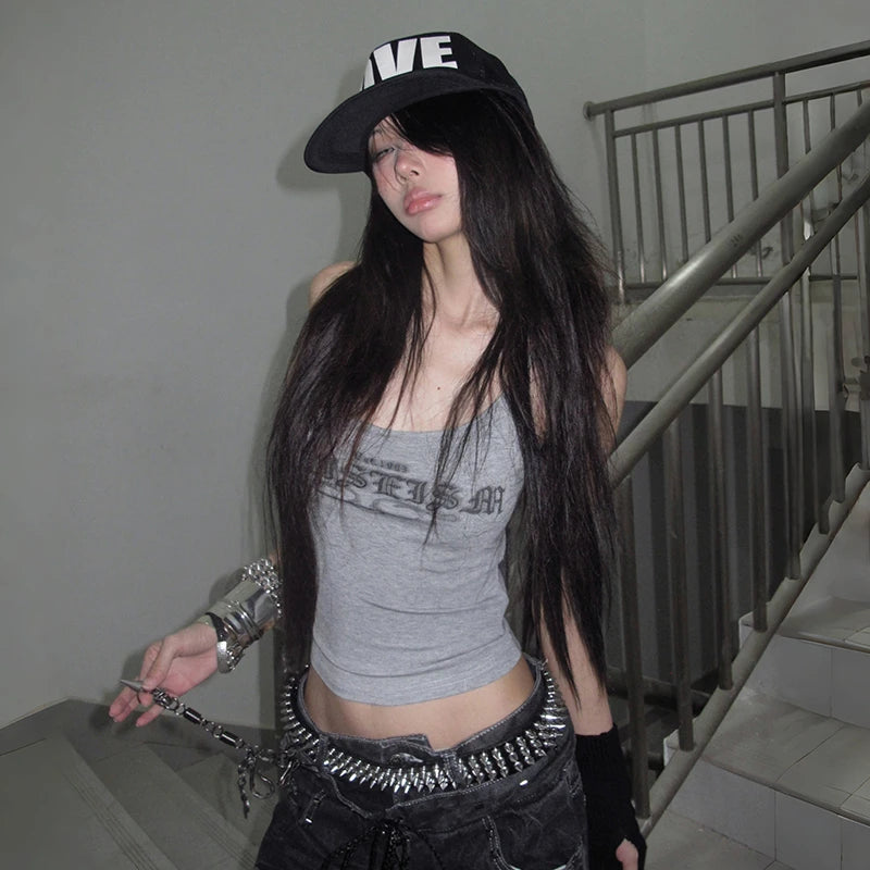 Y2K 2000s Letter Print Crop Tank Top