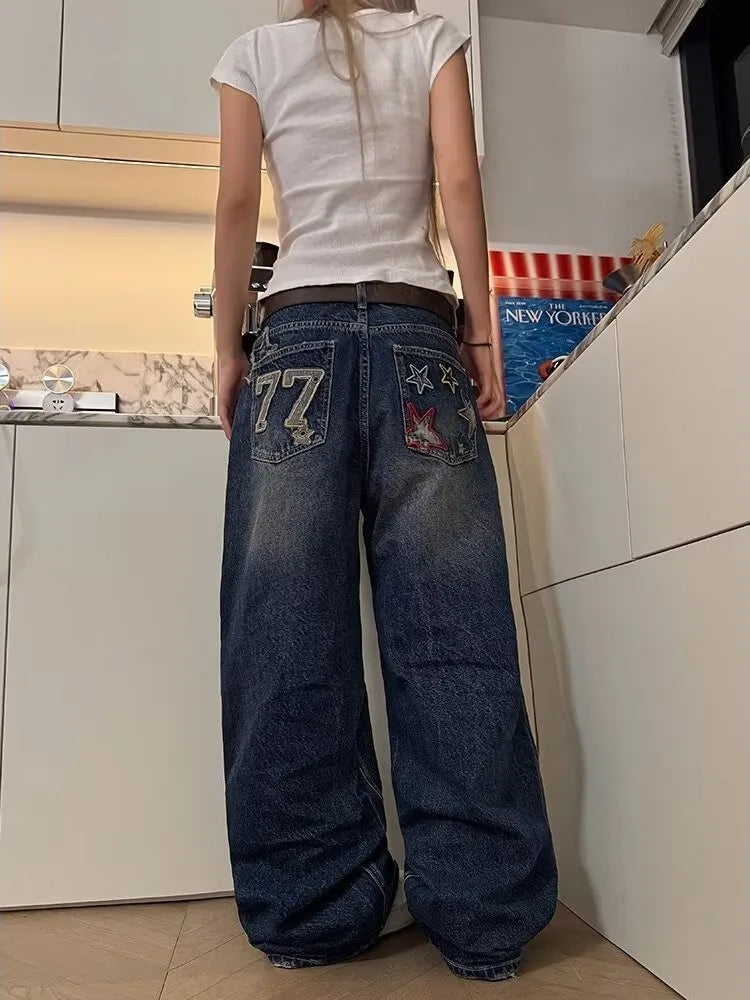 Y2K 77 Star Patchwork Embroidered Baggy Jeans