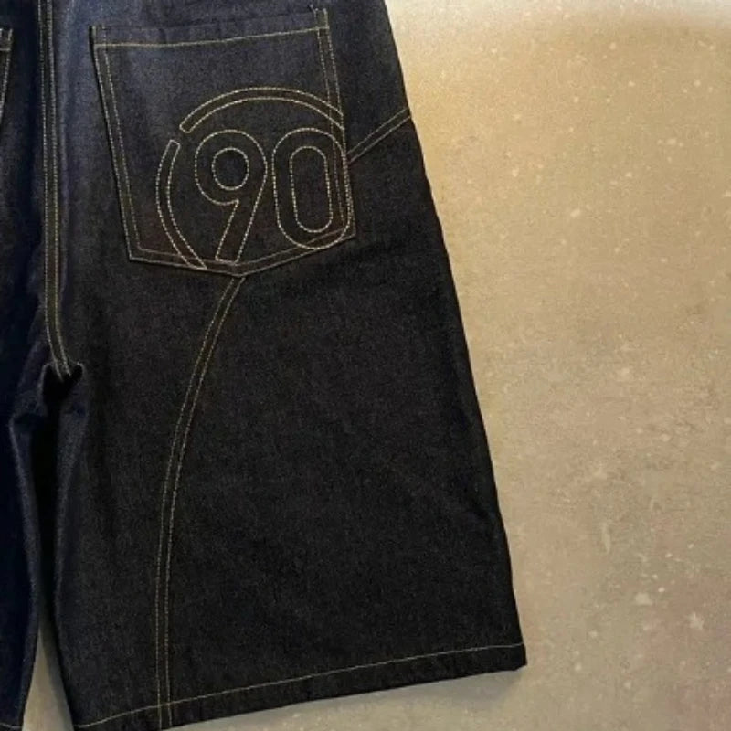 Y2K 90s Embroidered Mens Black Wide Leg Denim Shorts Jorts
