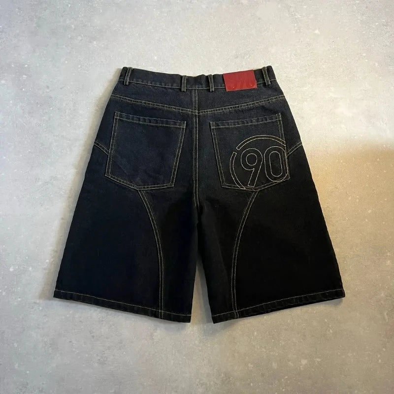 Y2K 90s Embroidered Mens Black Wide Leg Denim Shorts Jorts