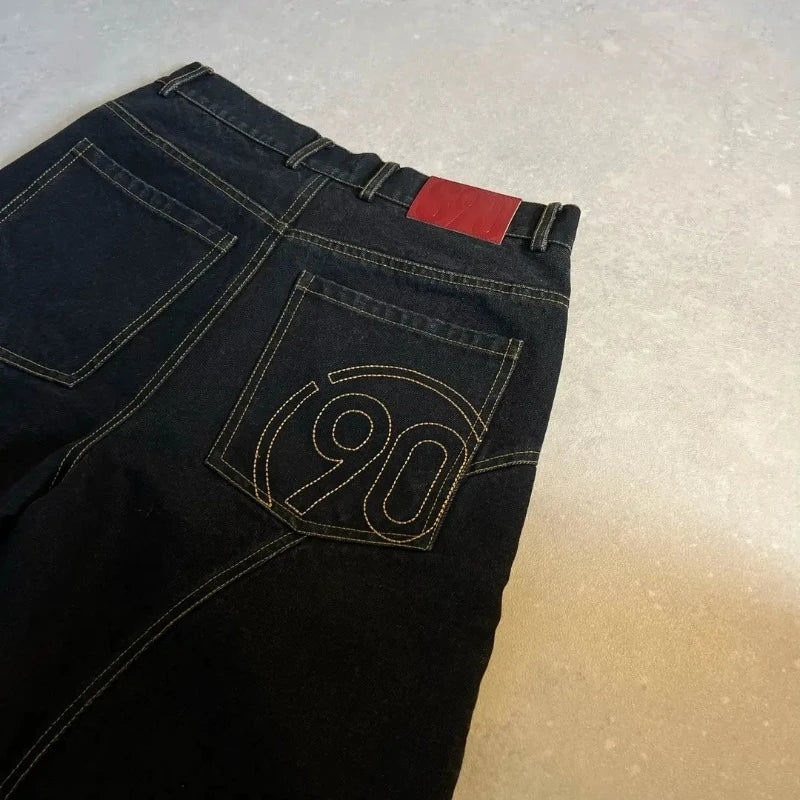 Y2K 90s Embroidered Mens Black Wide Leg Denim Shorts Jorts