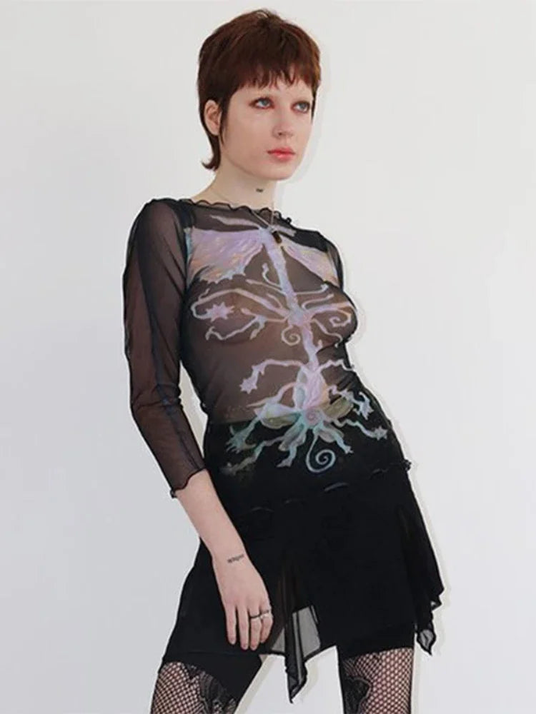 Y2K Abstract Graphic Long Sleeve Mesh Top