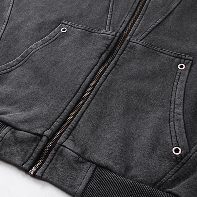 Y2K Acid Washed Panelled Plain Zip Up Hoodie