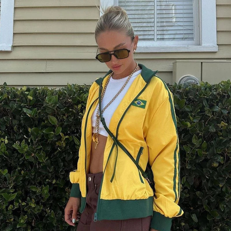 Y2K Aesthetic Brazil Oversized Zip UpTrack Jacket