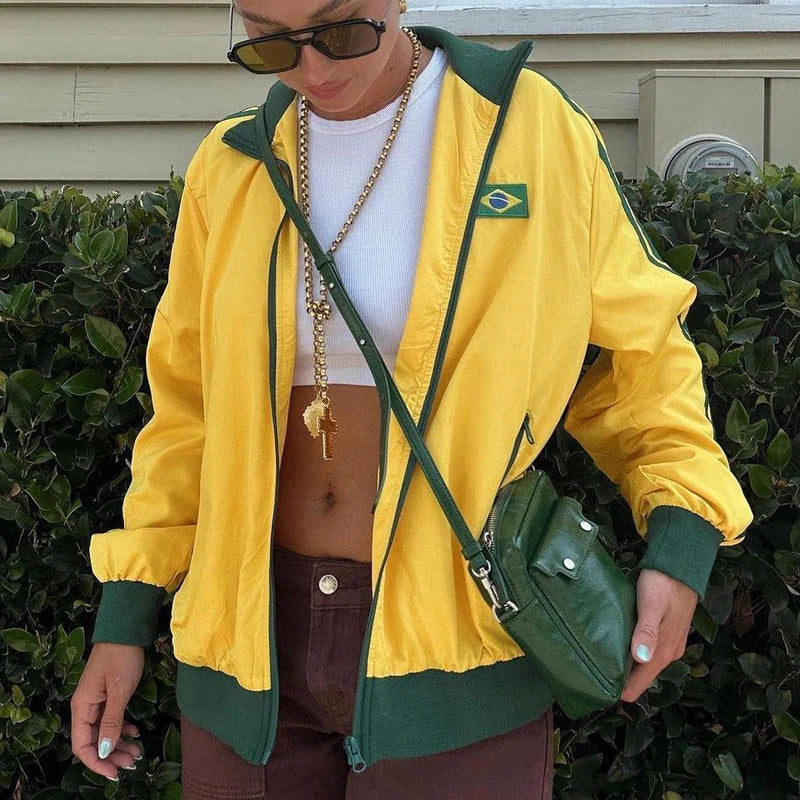 Y2K Aesthetic Brazil Oversized Zip UpTrack Jacket