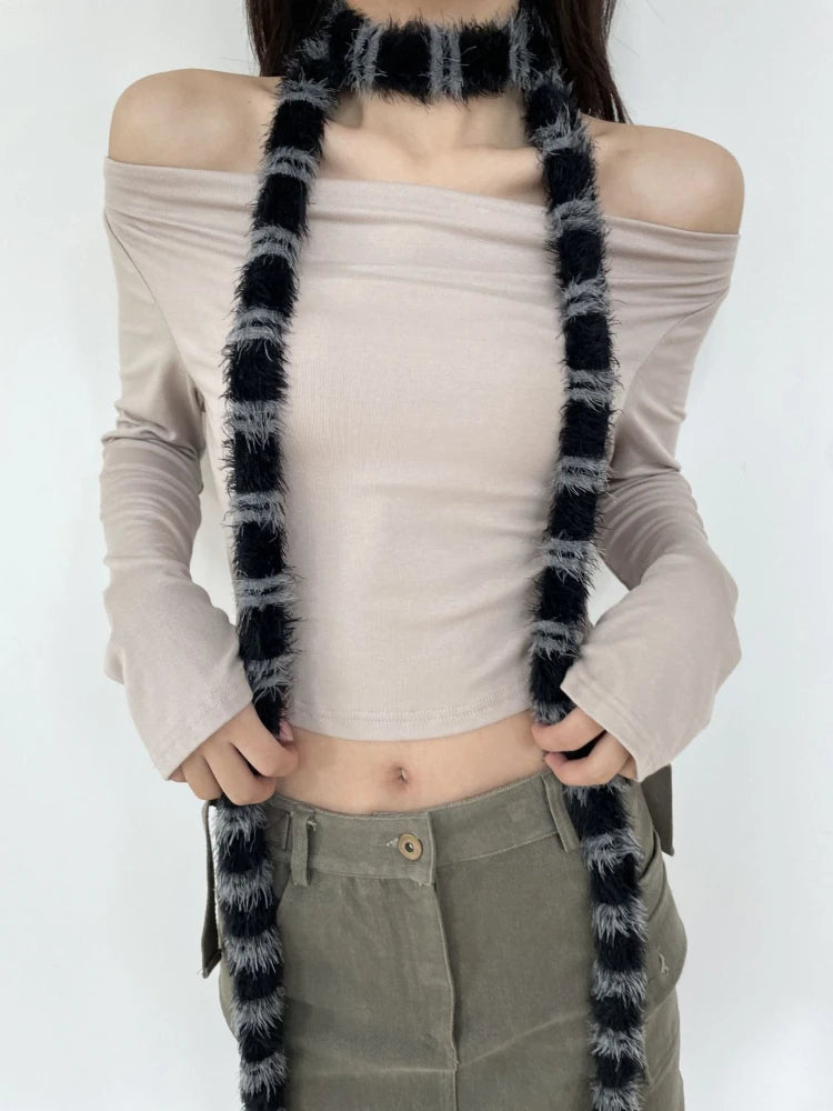 Y2K Aesthetic Long Black Grey Striped Thin Scarf
