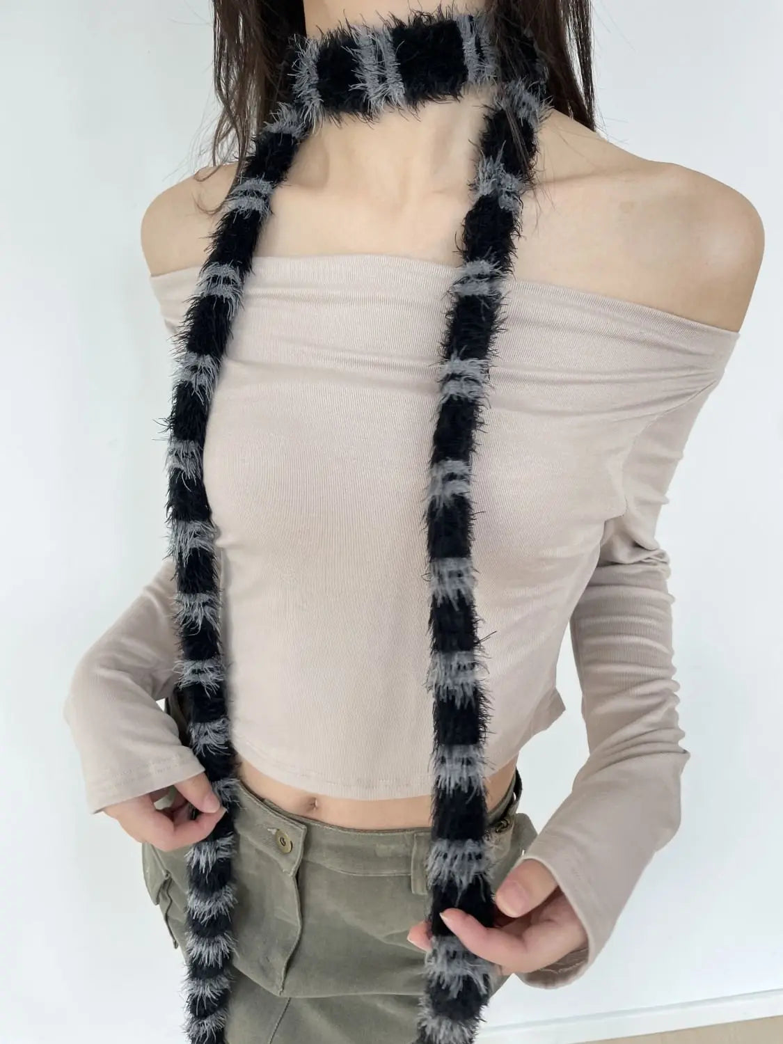 Y2K Aesthetic Long Black Grey Striped Thin Scarf