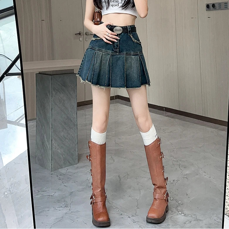Y2K Aesthetic Mini Pleated Denim Skirt