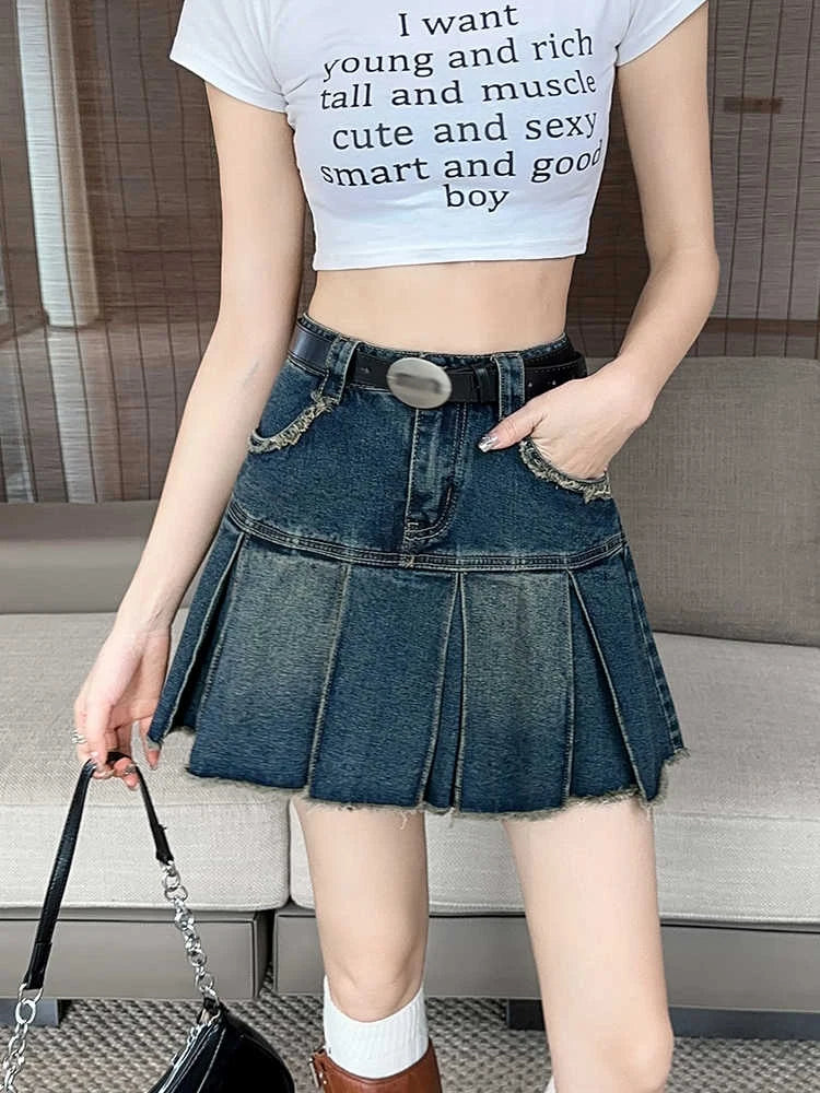 Y2K Aesthetic Mini Pleated Denim Skirt