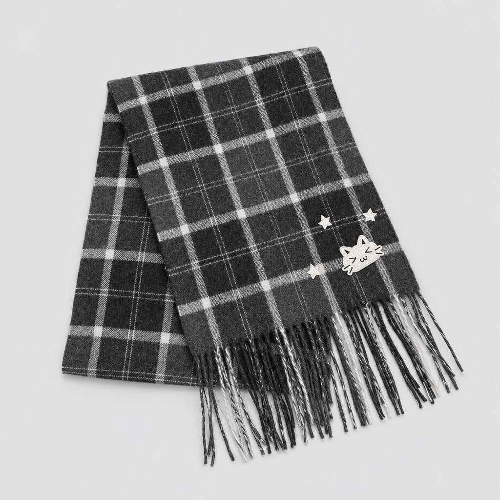 Y2K Aesthetic Vintage Kawaii Cat Embroidered Plaid Scarf
