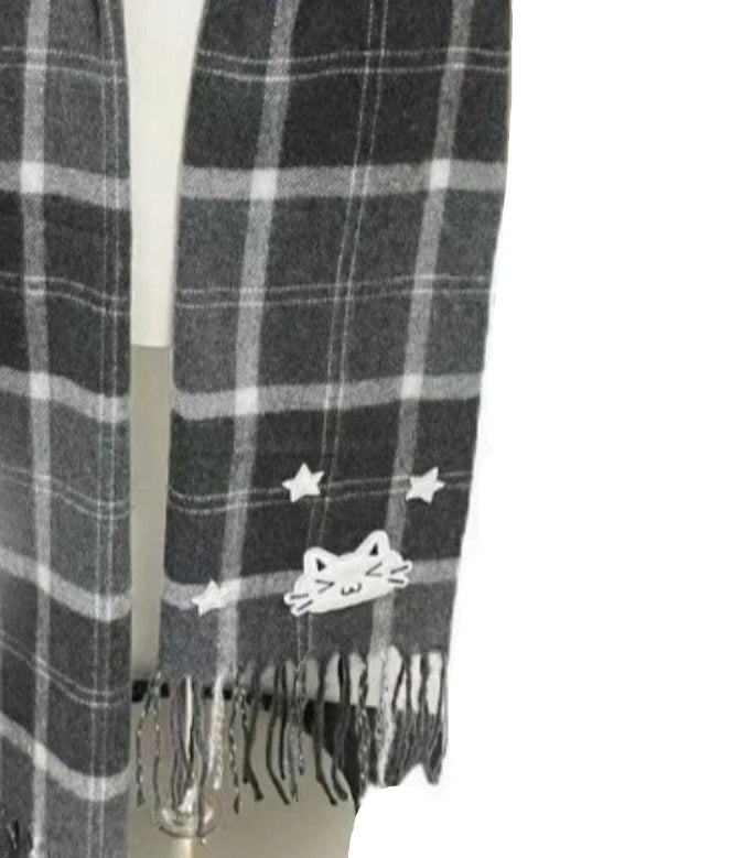 Y2K Aesthetic Vintage Kawaii Cat Embroidered Plaid Scarf