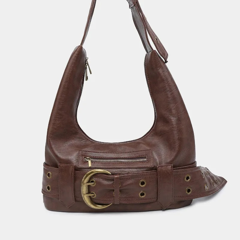 Y2K Aged Leather Belted Handbag