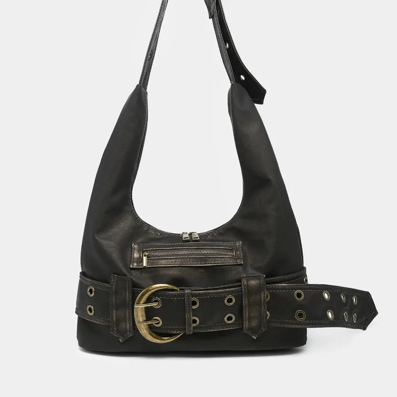 Y2K Aged Leather Belted Handbag