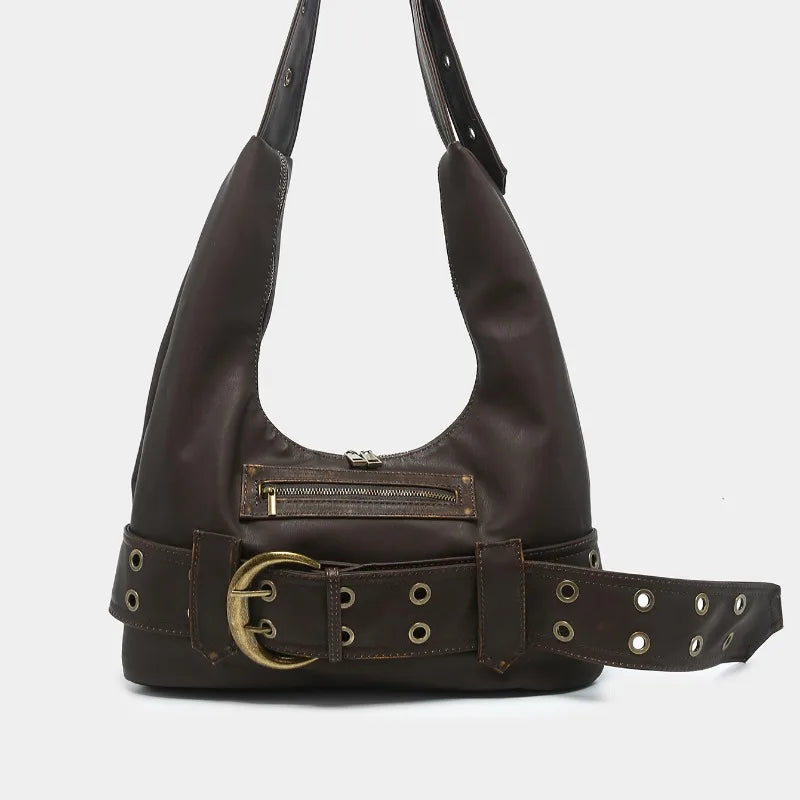 Y2K Aged Leather Belted Handbag