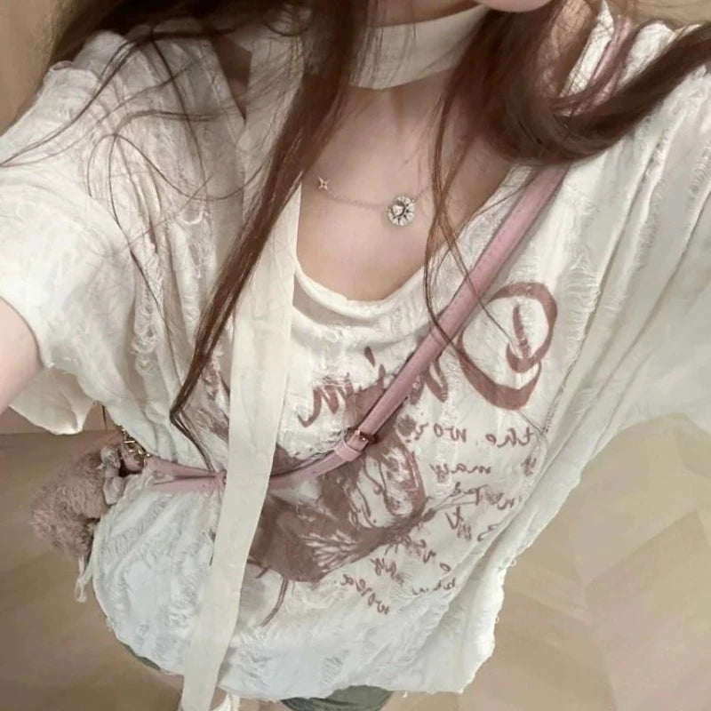Y2K Airy Butterfly Print Grunge Off Shoulder Top