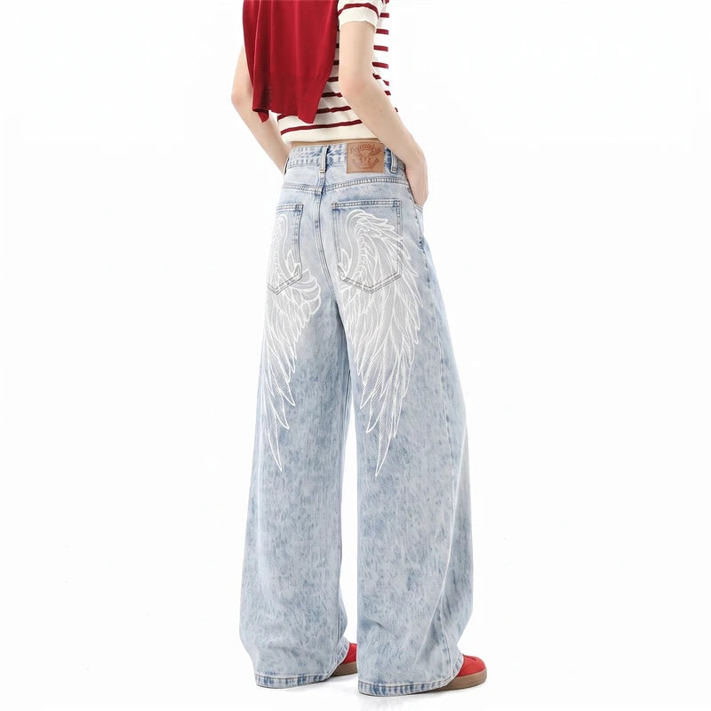 Y2K American Wing Print Wide Leg Relaxed Jeans
