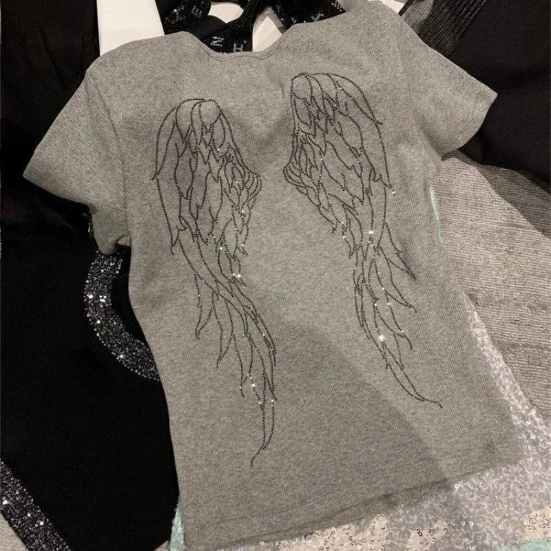 Y2K Angel Wings Rhinestone Graphic T Shirt
