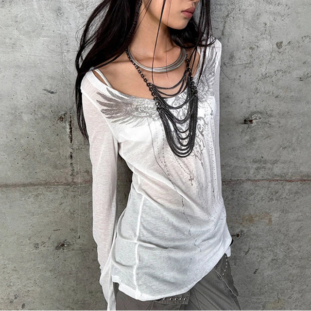 Y2K Angelic Wings Tattoo Graphic Grunge Long Sleeve Top