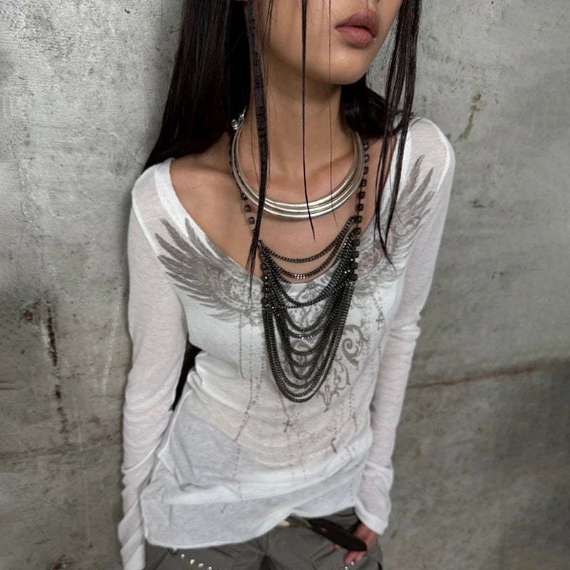 Y2K Angelic Wings Tattoo Graphic Grunge Long Sleeve Top