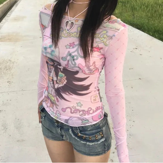 Y2K Anime Print Sheer Mesh Top