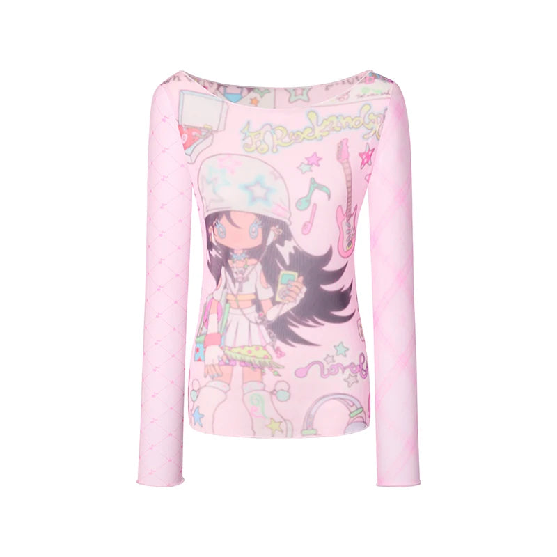Y2K Anime Print Sheer Mesh Top