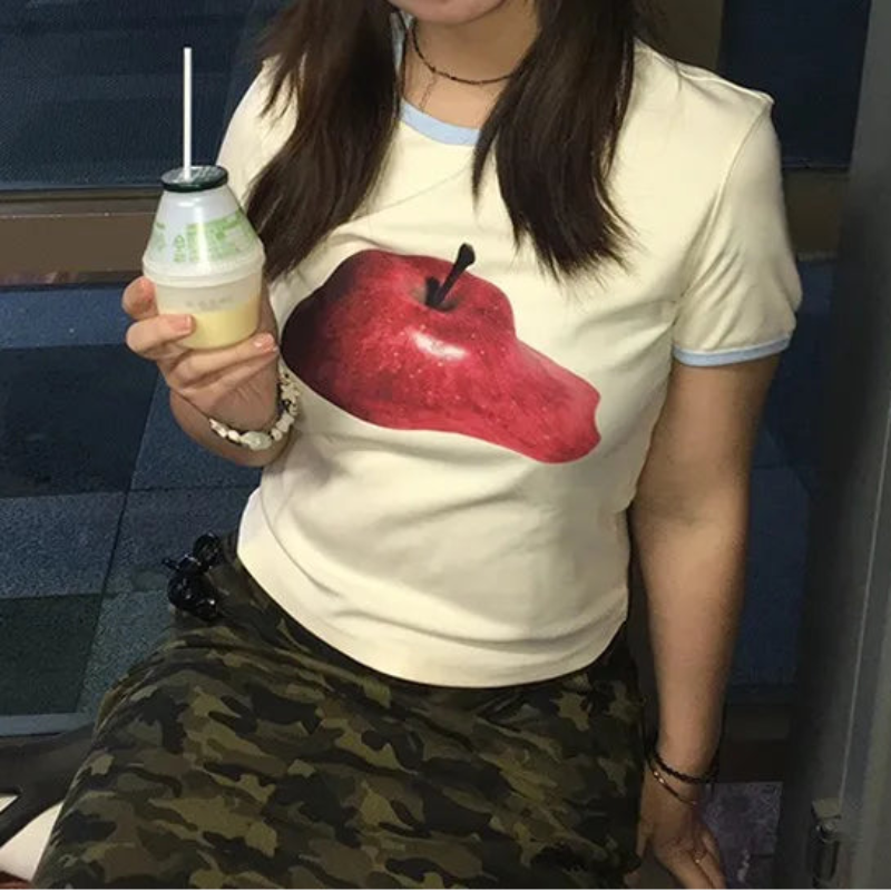 Y2K Apple Print Graphic T Shirt