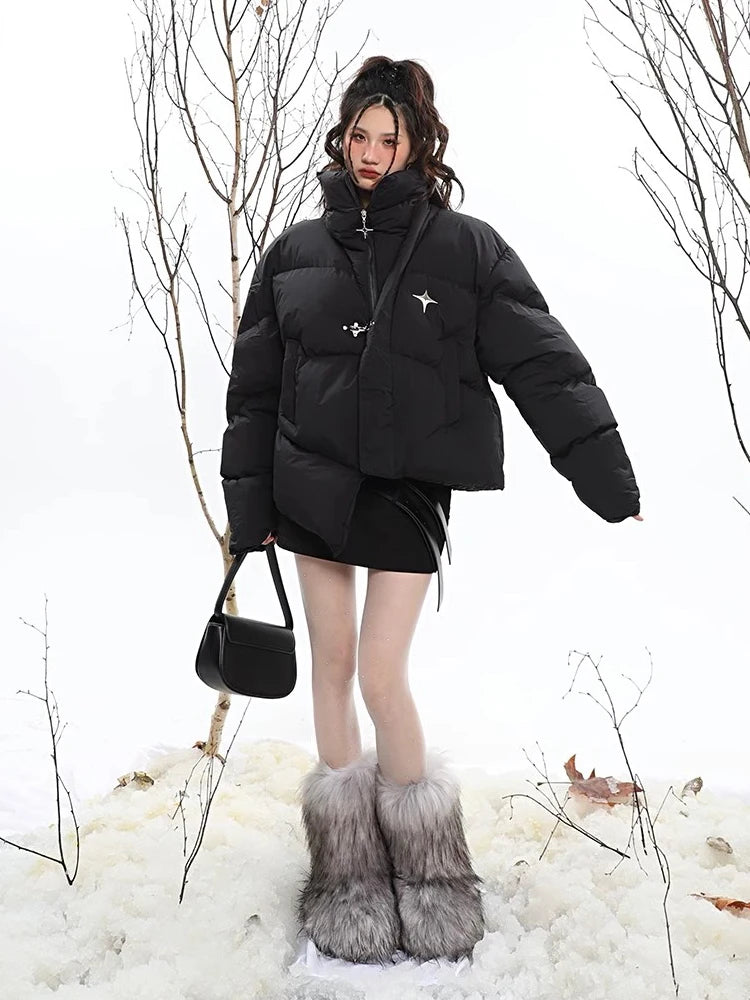 Y2K Asymmetric Collared Padded Puffer Jacket Coat