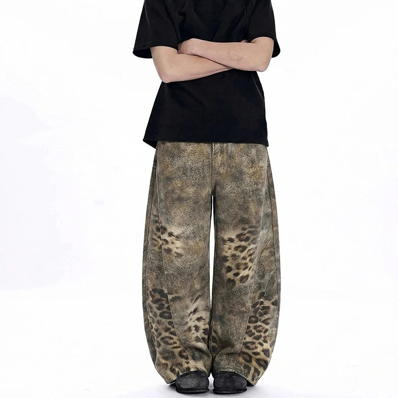 Y2K Avant Garde Leopard Print Oversized Wide Leg Barrel Jeans
