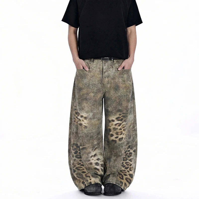 Y2K Avant Garde Leopard Print Oversized Wide Leg Barrel Jeans