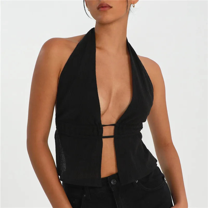 Y2K Backless V-Neck Halter Tank Top