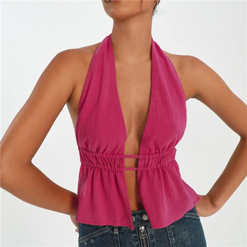 Y2K Backless V-Neck Halter Tank Top