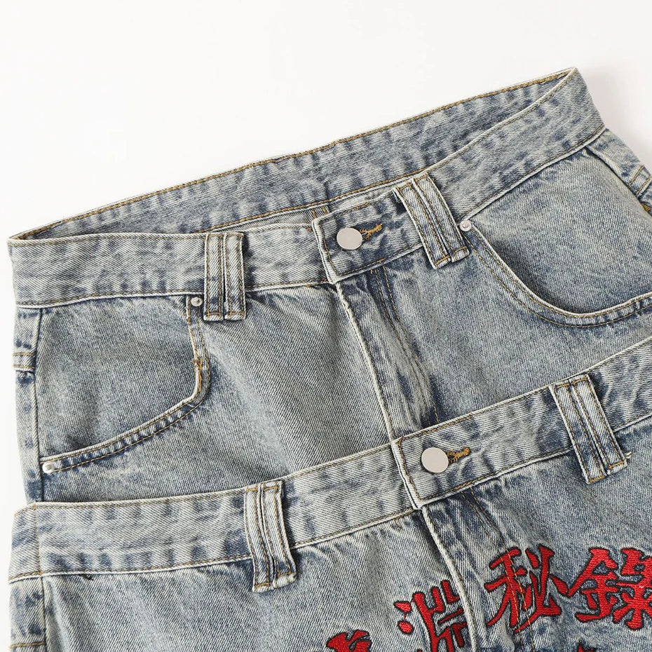 Y2K Baggy Barrel Mock Two Piece Embroidered Jeans