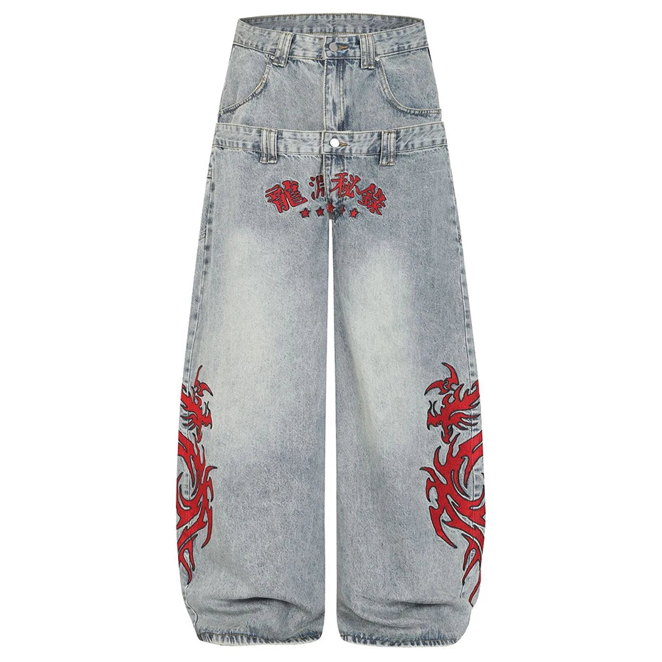 Y2K Baggy Barrel Mock Two Piece Embroidered Jeans