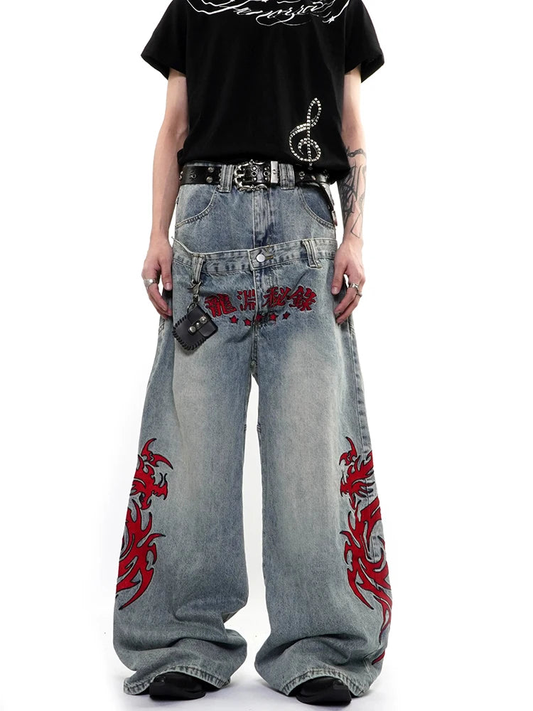 Y2K Baggy Barrel Mock Two Piece Embroidered Jeans