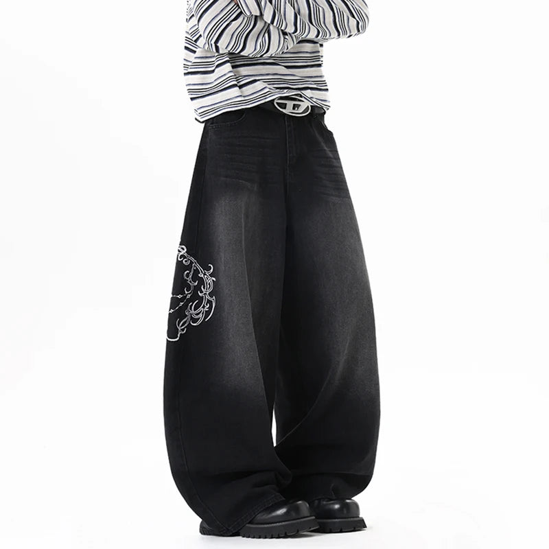 Y2K Baggy Black Accessorised Embroidered Jeans