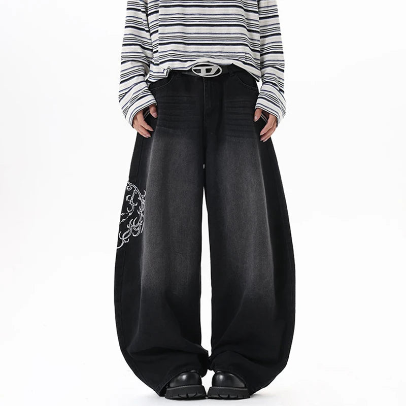 Y2K Baggy Black Accessorised Embroidered Jeans